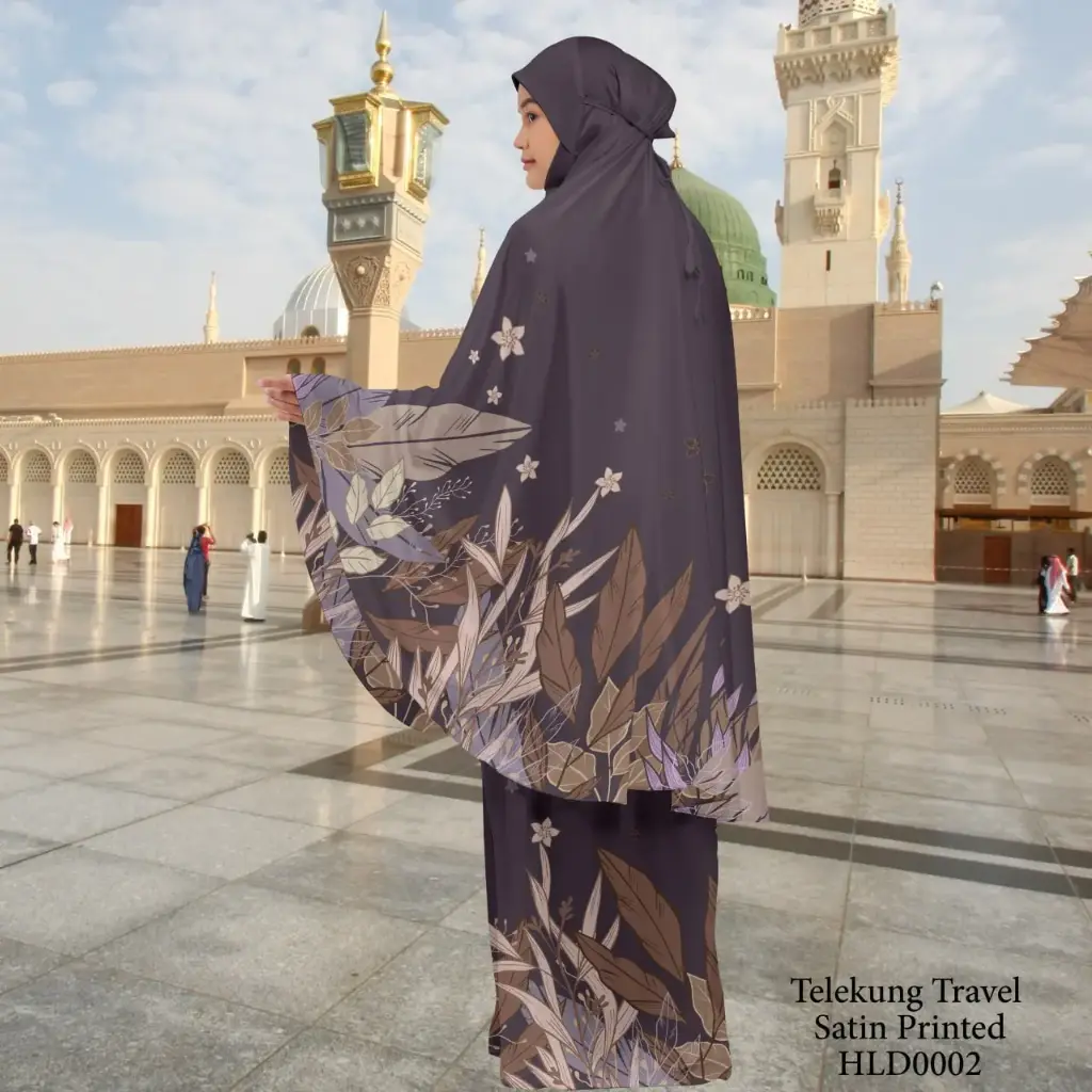 Telekung Travel Satin Printed (Awning Moss Crepe Berdagu) in HLD0002